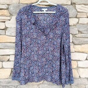 J. Jill Blue Paisley Ruffle V-Neck Peasant Tunic Blouse Top Size Large